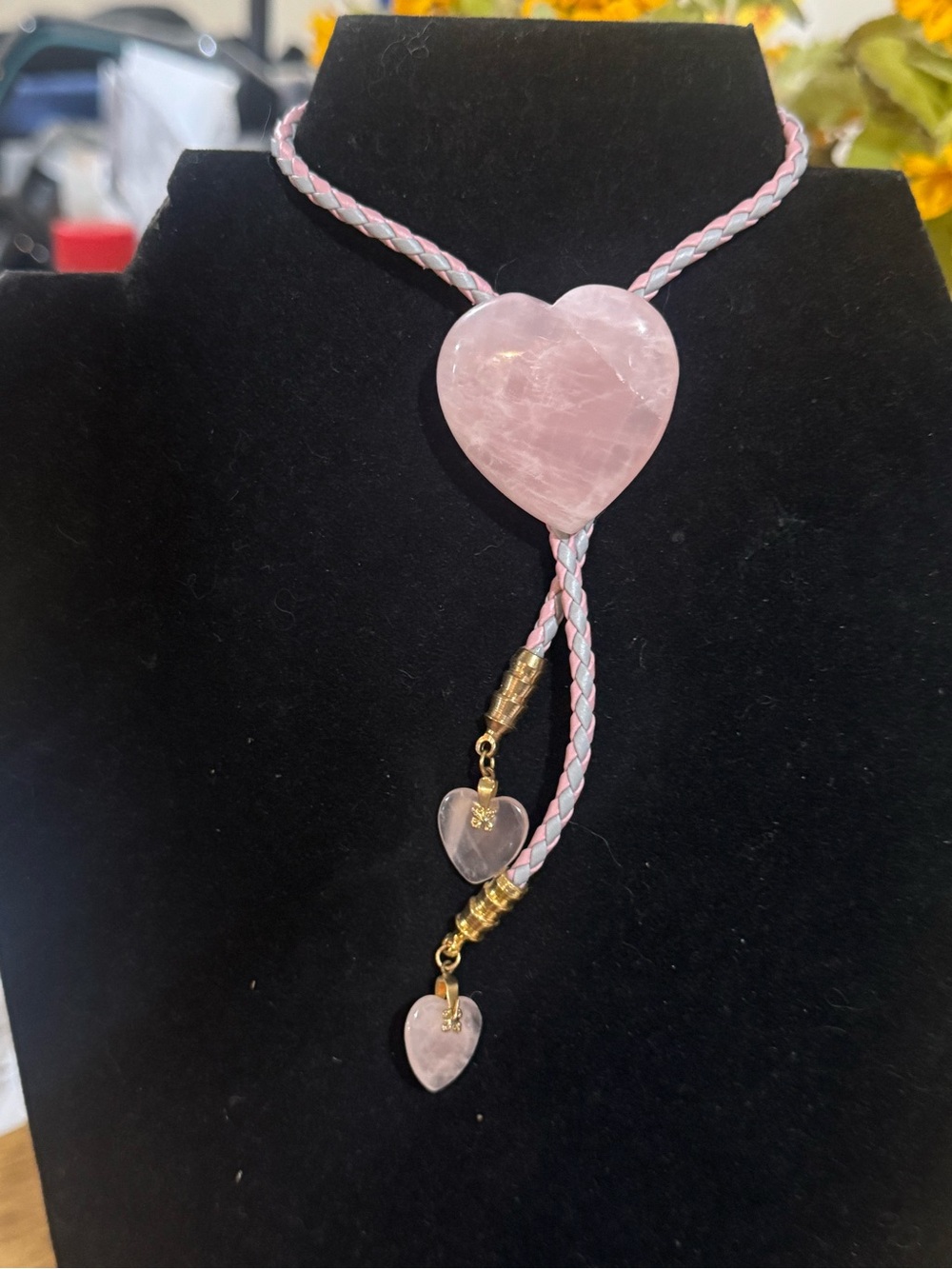 Rose Quartz Heart Bolo Tie Necklace - Pink Braided Cord